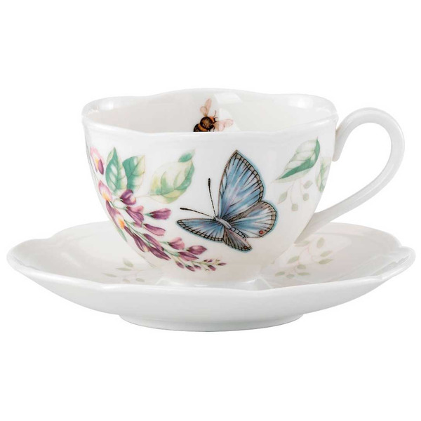 Чашка чайная с блюдцем 240мл Бабочки на лугу (синяя) фото 1