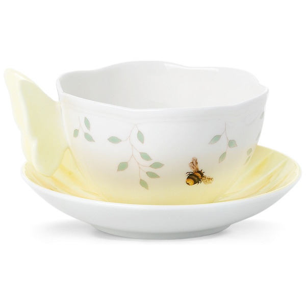 Чашка чайная с блюдцем 240мл Бабочки на лугу (фигурная ручка) (желтый) фото 1
